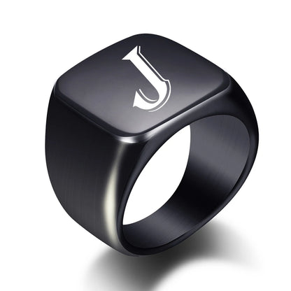 Personalised Initial Men Ring Engrave White A to Z Alphabet Stainless Steel Signet Blank Plain Ring Band Black Tone U.S.Size