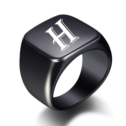 Personalised Initial Men Ring Engrave White A to Z Alphabet Stainless Steel Signet Blank Plain Ring Band Black Tone U.S.Size