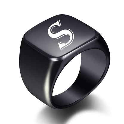 Personalised Initial Men Ring Engrave White A to Z Alphabet Stainless Steel Signet Blank Plain Ring Band Black Tone U.S.Size