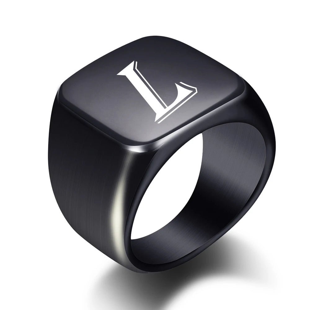 Personalised Initial Men Ring Engrave White A to Z Alphabet Stainless Steel Signet Blank Plain Ring Band Black Tone U.S.Size