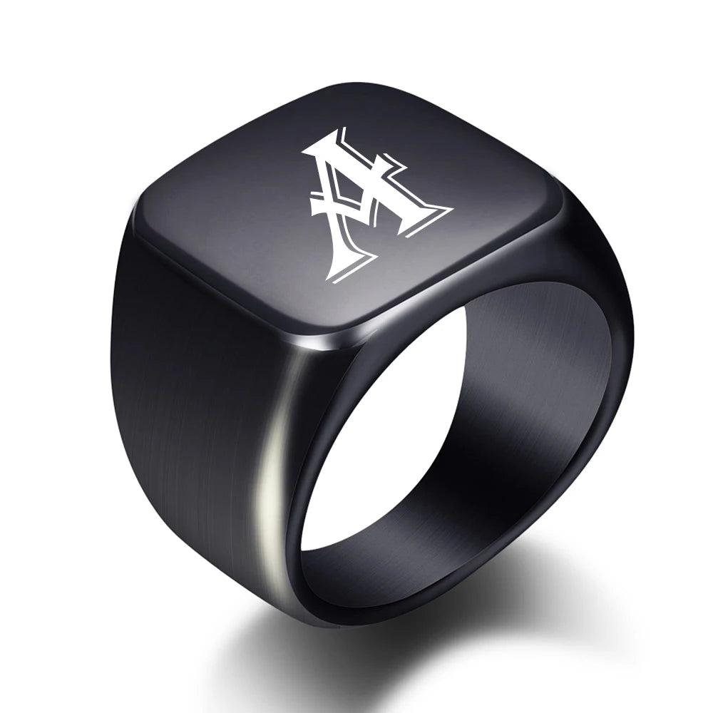 Personalised Initial Men Ring Engrave White A to Z Alphabet Stainless Steel Signet Blank Plain Ring Band Black Tone U.S.Size