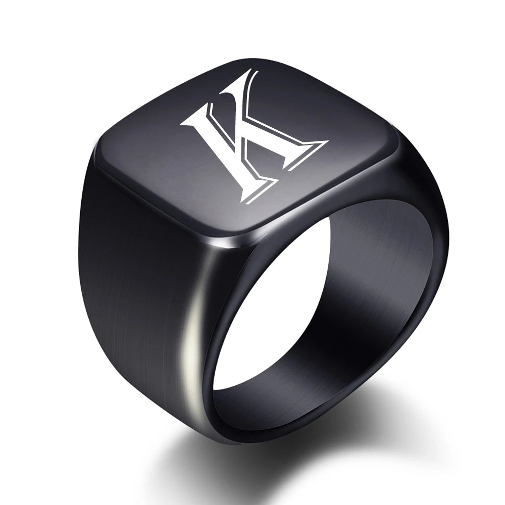 Personalised Initial Men Ring Engrave White A to Z Alphabet Stainless Steel Signet Blank Plain Ring Band Black Tone U.S.Size