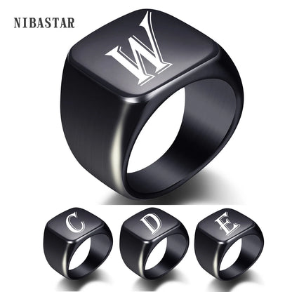 Personalised Initial Men Ring Engrave White A to Z Alphabet Stainless Steel Signet Blank Plain Ring Band Black Tone U.S.Size