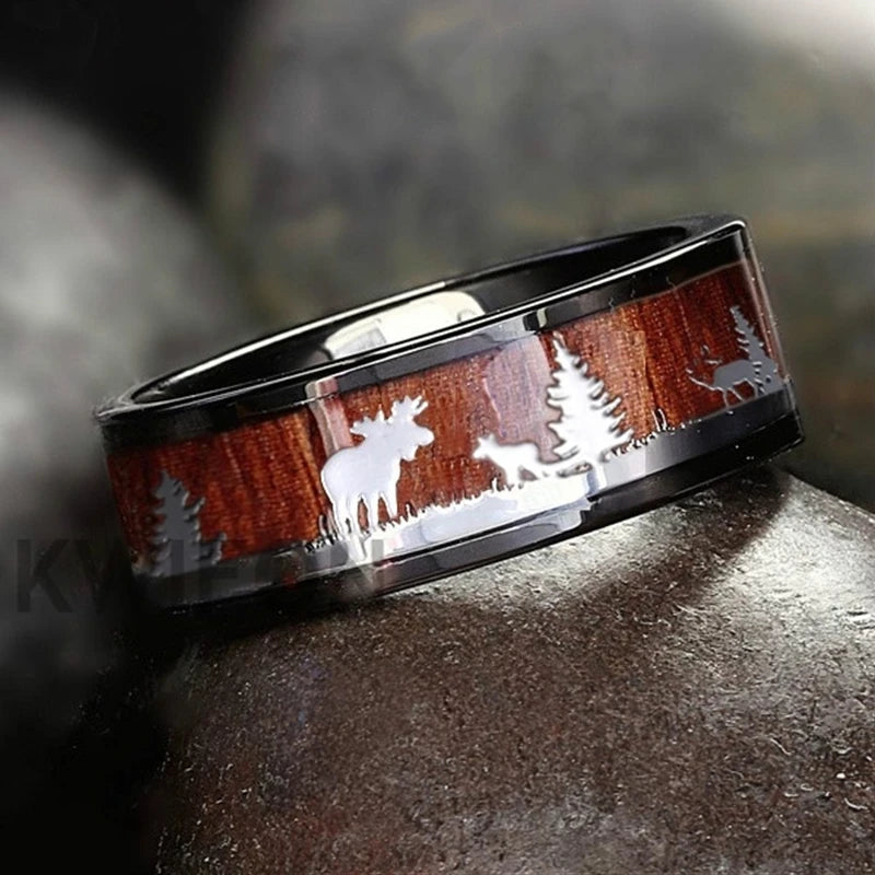 Fashion 8mm Men's Black Tungsten Wedding Band Hunting Rings Wood Inlay Deer Stag Silhouette Engagement Ring Men’s Wedding Band