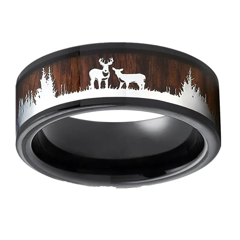 Fashion 8mm Men's Black Tungsten Wedding Band Hunting Rings Wood Inlay Deer Stag Silhouette Engagement Ring Men’s Wedding Band