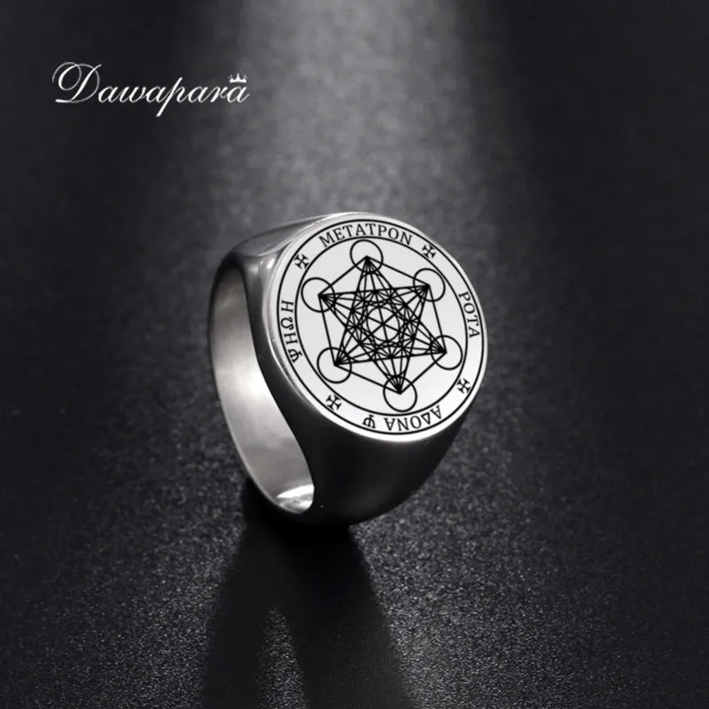 Dawapara Archangel Metatron Angel of Life Seal Solomon Punk Ring for Men Stainless Steel Jewelry Viking Fall Angel Rings