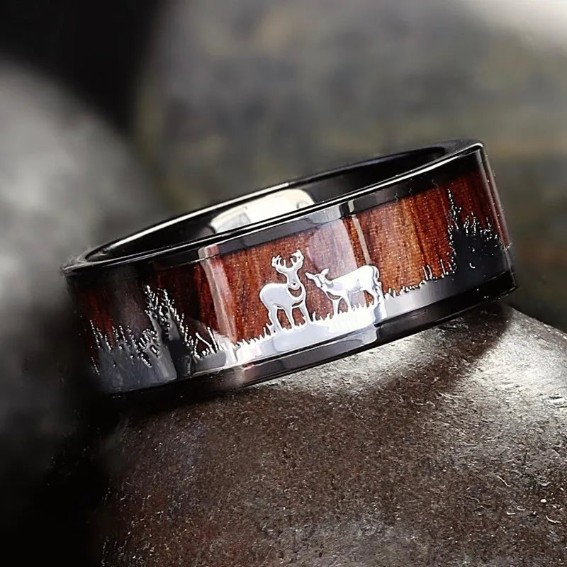 Fashion 8mm Men's Black Tungsten Wedding Band Hunting Rings Wood Inlay Deer Stag Silhouette Engagement Ring Men’s Wedding Band