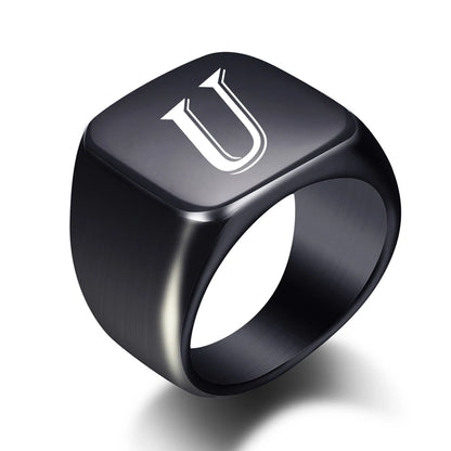 Personalised Initial Men Ring Engrave White A to Z Alphabet Stainless Steel Signet Blank Plain Ring Band Black Tone U.S.Size