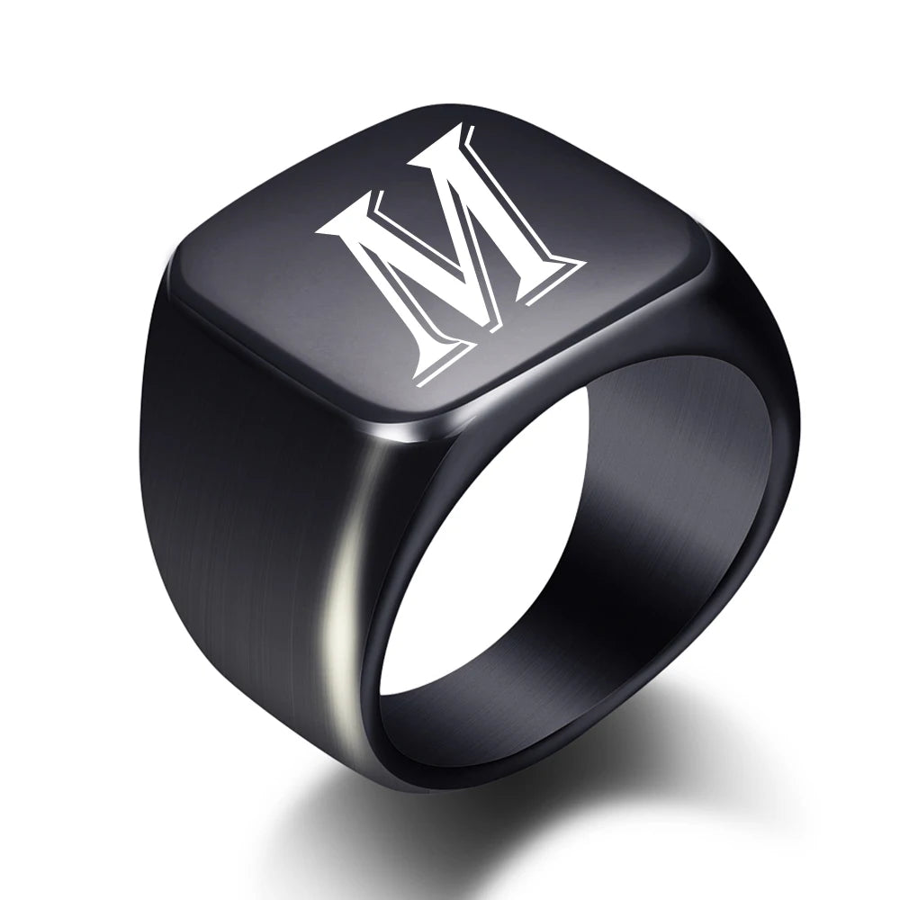 Personalised Initial Men Ring Engrave White A to Z Alphabet Stainless Steel Signet Blank Plain Ring Band Black Tone U.S.Size