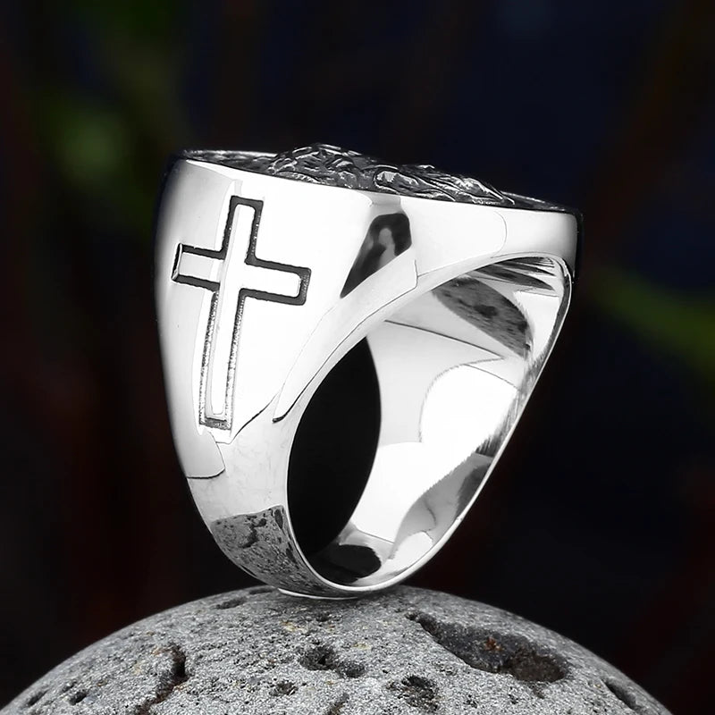 Biker 316L Stainless Steel Personality Domineering Men`s Fashion Lucky Creative Jesus Cross Ring For Man Anniversary Gift