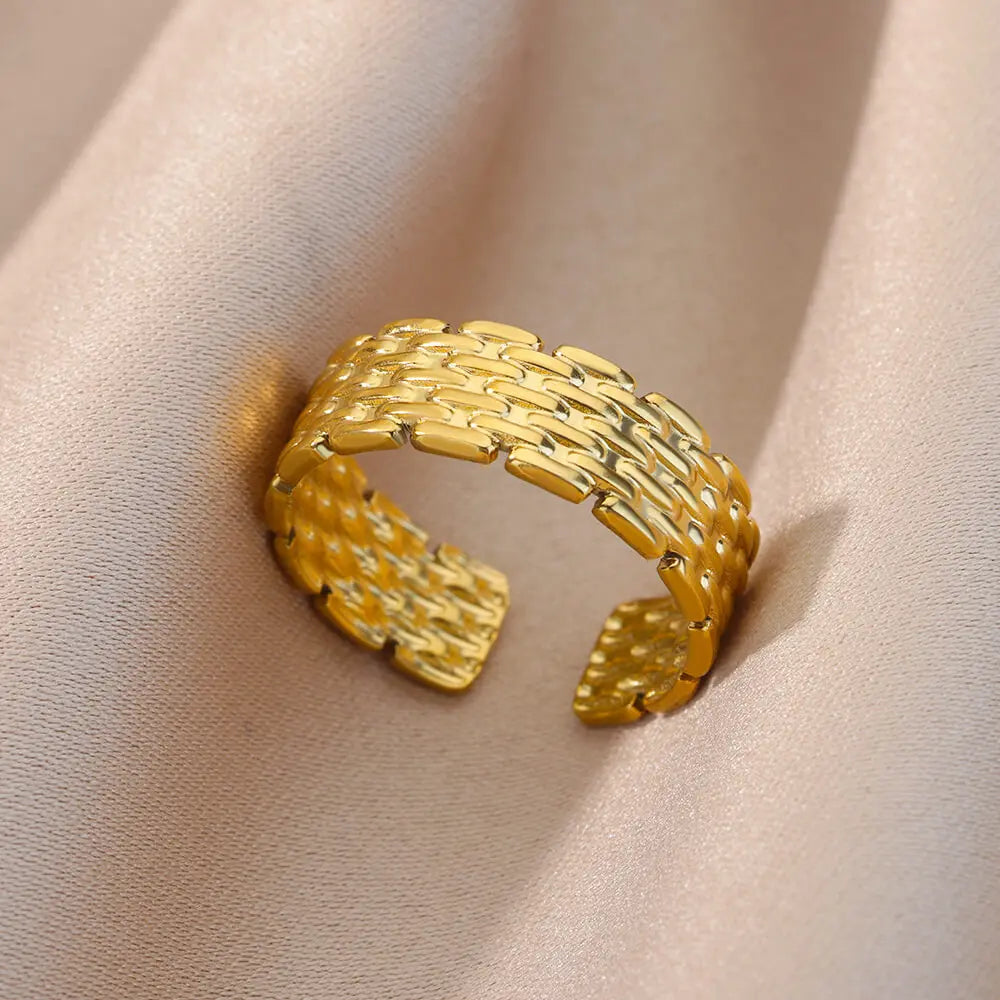 Stainless Steel Irregular Geometric Open Rings For Women Gold Color Texture Couple Wedding Ring Trendy Elegant Aesthetic Jewelry