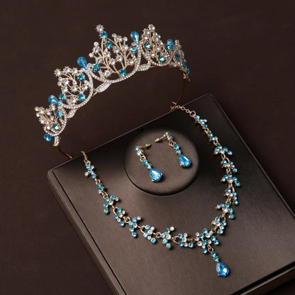 Luxury Silver Color Crystal Water Drop Bridal Jewelry Sets Rhinestone Tiaras Crown Necklace Earrings Wedding Dubai Jewelry Set