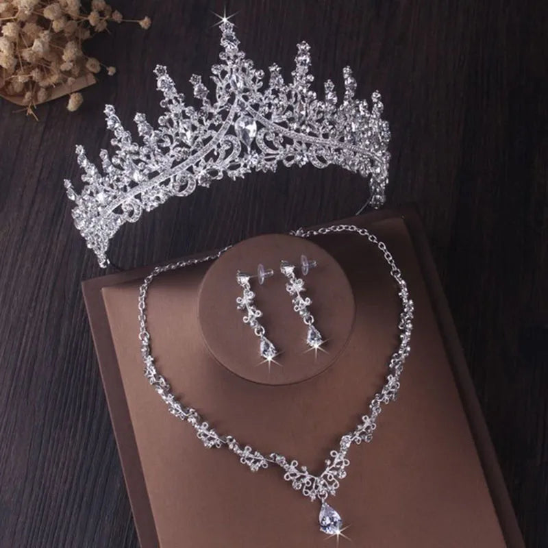 Luxury Silver Color Crystal Water Drop Bridal Jewelry Sets Rhinestone Tiaras Crown Necklace Earrings Wedding Dubai Jewelry Set