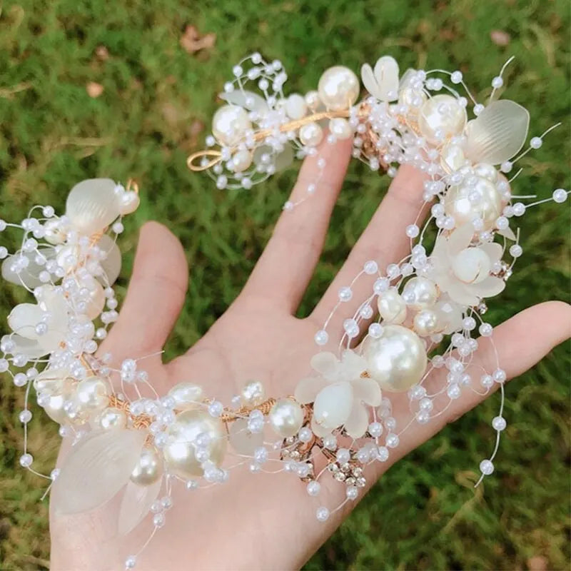 Wedding Accessory Bride Crown Hair Crystal Jewelry Tiara With Pearls Flowers Wedding Crown Floral Pearl Bridal Headband