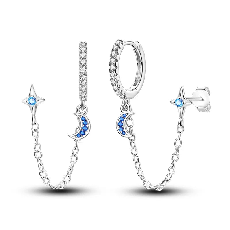 Sterling Silver S925 Round Hoop Moon Star Earrings Earpendant Simple Fine Jewelry Women Girls Fashion Party birthday Gift