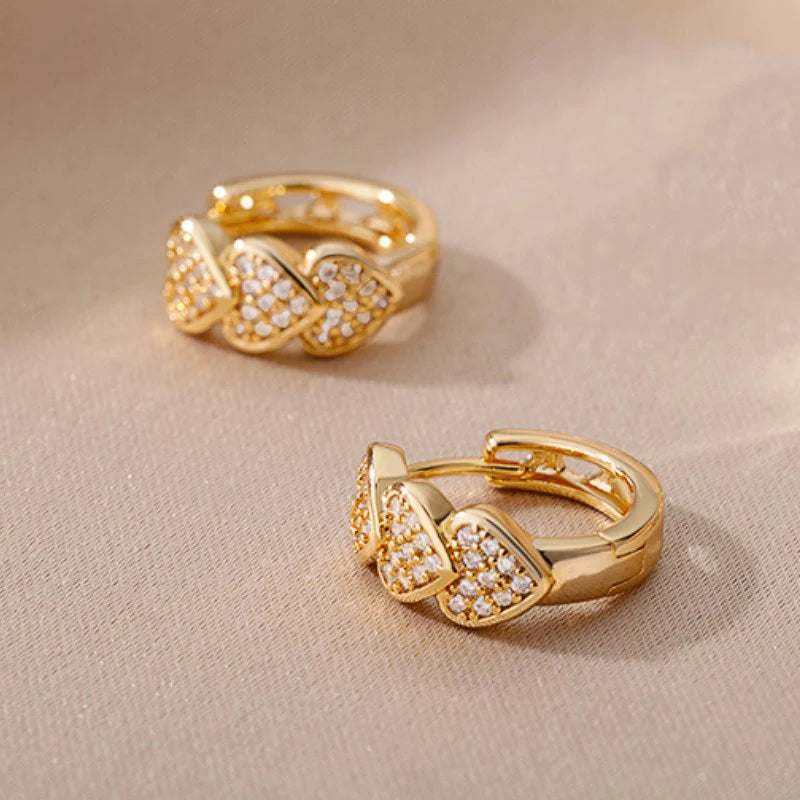 Huitan Gold Color Heart Hoop Earrings Full Paved Dazzling CZ Dainty Exquisite Women's Ear Earrings Bridal Wedding Love Jewelry