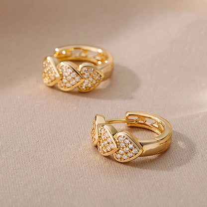 Huitan Gold Color Heart Hoop Earrings Full Paved Dazzling CZ Dainty Exquisite Women's Ear Earrings Bridal Wedding Love Jewelry