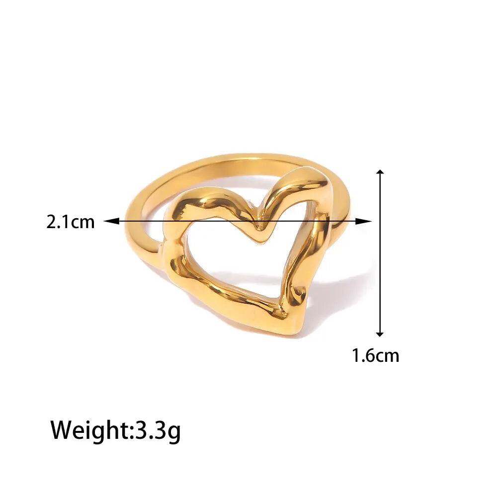 Stainless Steel Creative Waterproof 18k Gold Plated Heart Rings For Women Trendy Hammer Pattern Hollow Jewelry