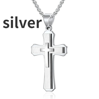 Creative Men Double-layer Stainless Steel Cross Necklace Hip Hop Necklace for Men Stainless Steel Jewelry Halloween Party Gift