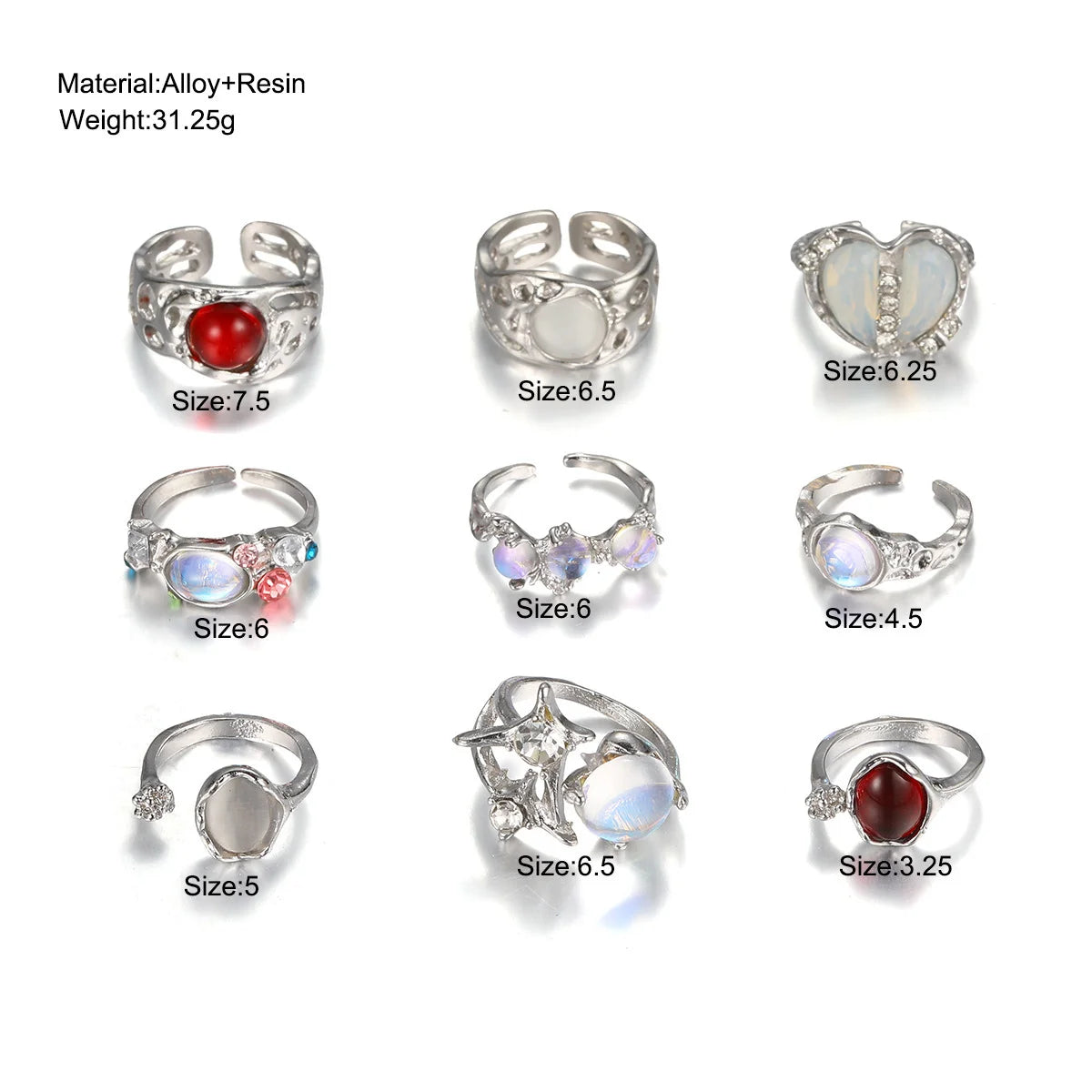 9 Pcs Y2K Crystal Rings Kpop Heart Adjustable Ring Irregular Geometry Punk Vintage Rings Set for Women Girls New Fashion Jewelry