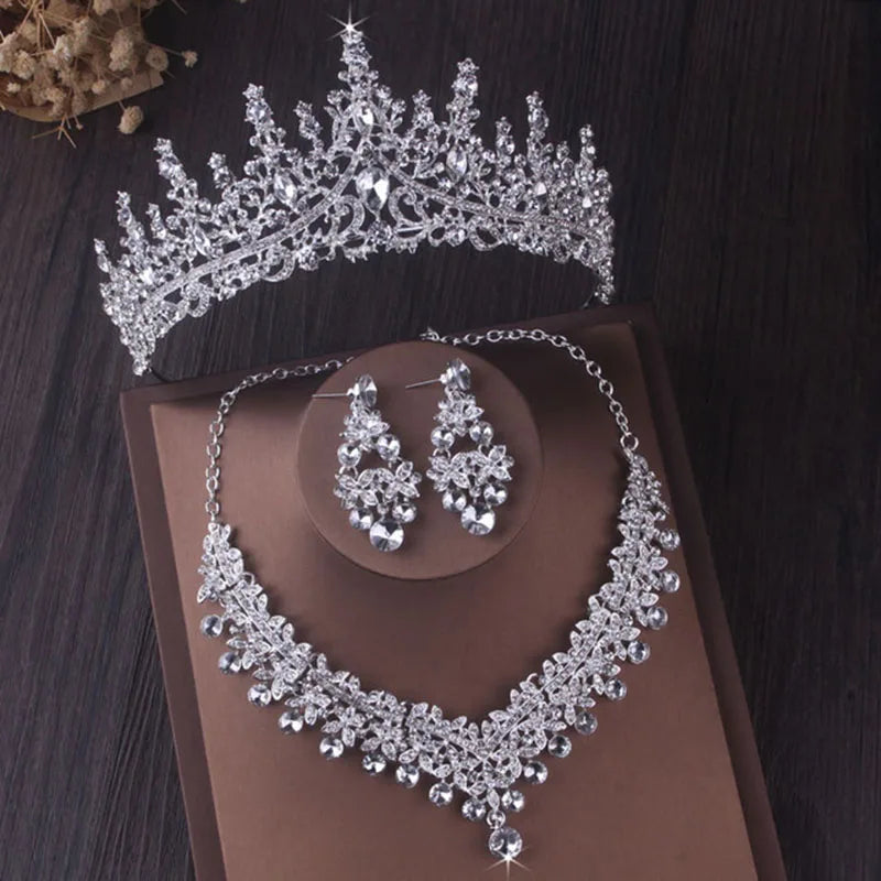 Luxury Silver Color Crystal Water Drop Bridal Jewelry Sets Rhinestone Tiaras Crown Necklace Earrings Wedding Dubai Jewelry Set