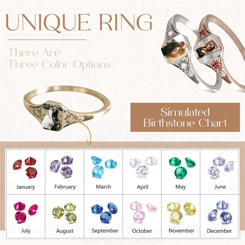 Custom Photo Ring Personalized Birthstone Rings for Women Customized Picture Ring Memorial Jewelry Promise Rings for Her Women