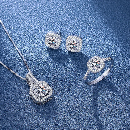 3pcs Set Necklaces Earrings Stud Ring CZ Stone Jewelry Set Silver Color Classic Women Evening Party Wedding Bridal Jewelry Set