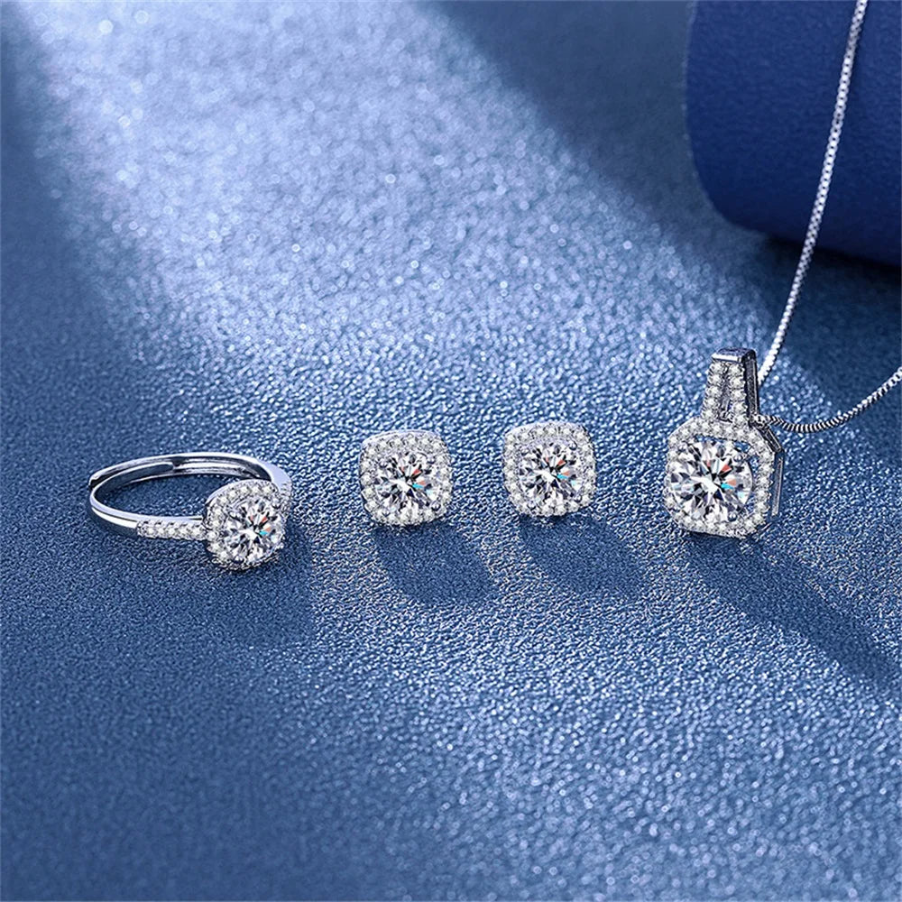 3pcs Set Necklaces Earrings Stud Ring CZ Stone Jewelry Set Silver Color Classic Women Evening Party Wedding Bridal Jewelry Set