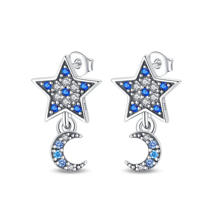 Sterling Silver S925 Round Hoop Moon Star Earrings Earpendant Simple Fine Jewelry Women Girls Fashion Party birthday Gift