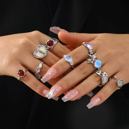 9 Pcs Y2K Crystal Rings Kpop Heart Adjustable Ring Irregular Geometry Punk Vintage Rings Set for Women Girls New Fashion Jewelry