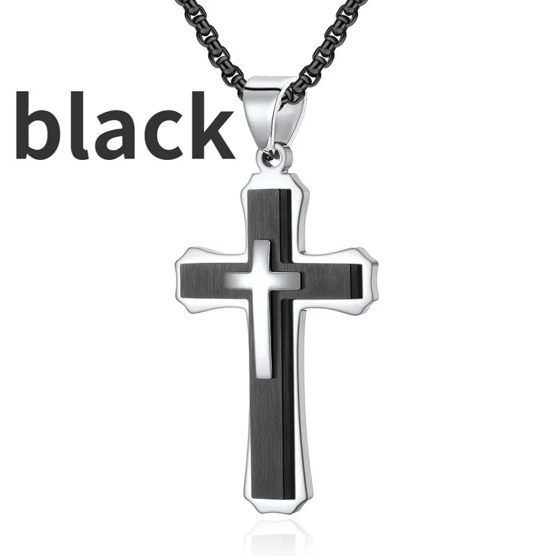 Creative Men Double-layer Stainless Steel Cross Necklace Hip Hop Necklace for Men Stainless Steel Jewelry Halloween Party Gift