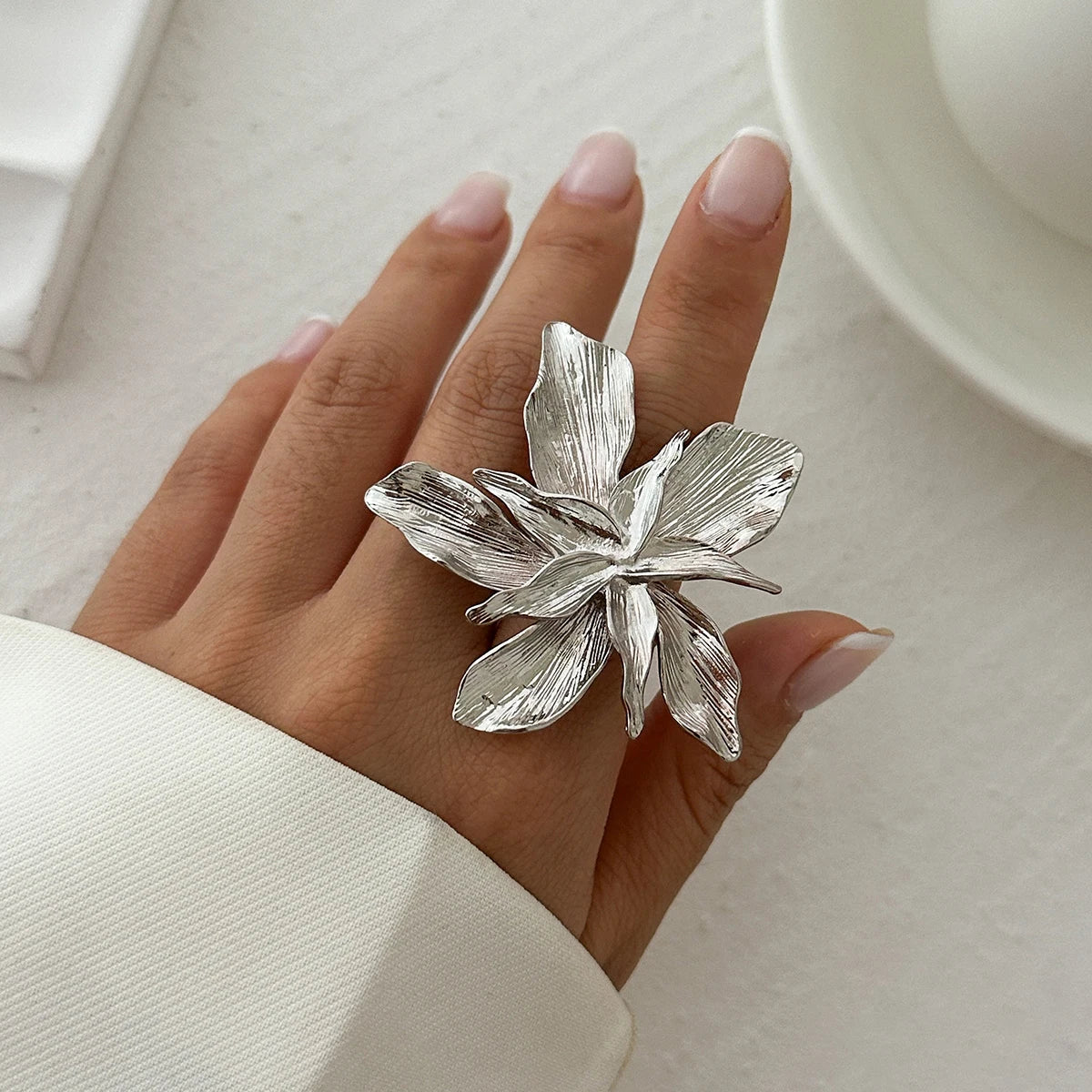 Salircon 2024 Personality Design Double Layered Metal Flower Ring for Women Trend Punk Party Adjustable Ring Ladies Jewelry Gift