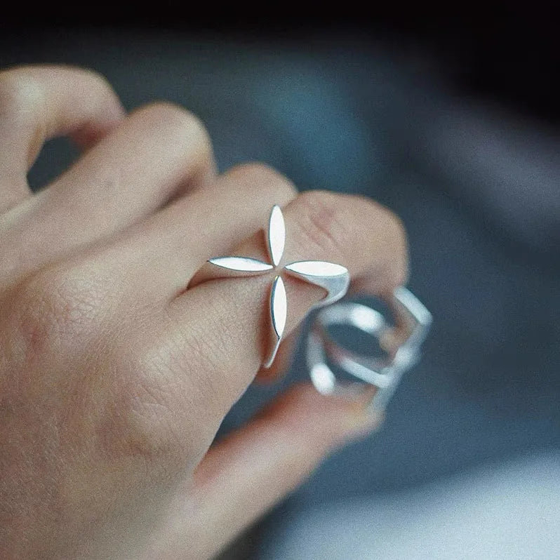 925 Sterling Silver Unique Ring For Women Jewelry Finger Adjustable Vintage Cross Flower Ring For Party Birthday Gift