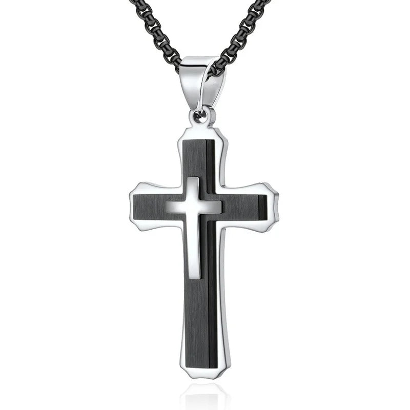 Creative Men Double-layer Stainless Steel Cross Necklace Hip Hop Necklace for Men Stainless Steel Jewelry Halloween Party Gift