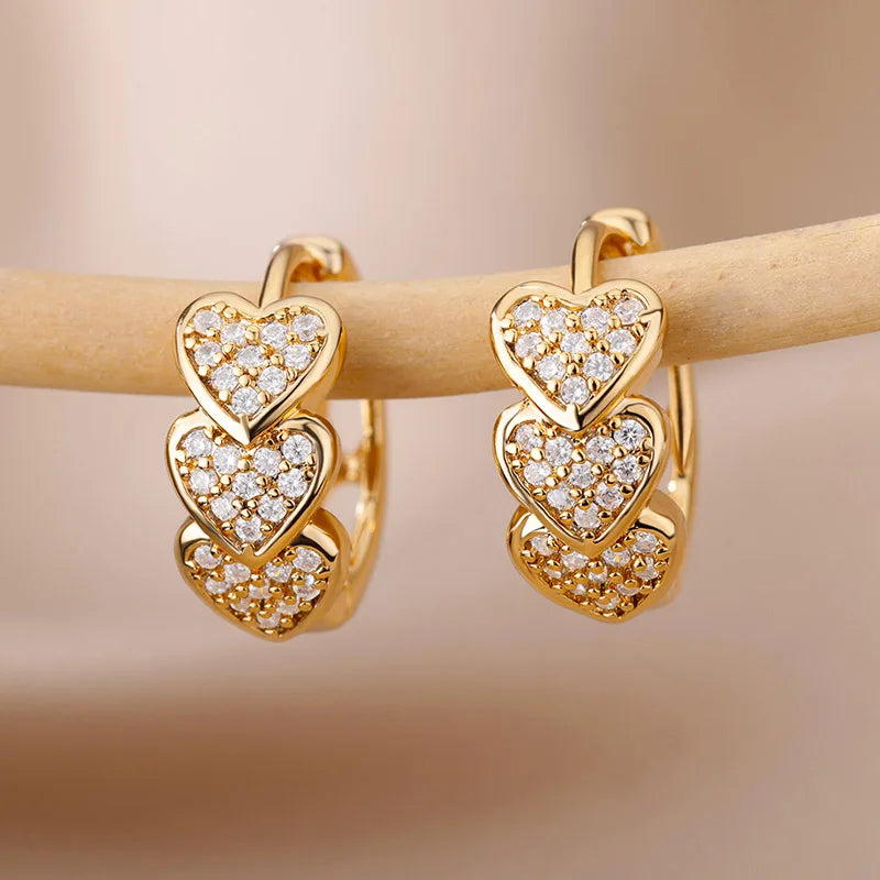 Huitan Gold Color Heart Hoop Earrings Full Paved Dazzling CZ Dainty Exquisite Women's Ear Earrings Bridal Wedding Love Jewelry