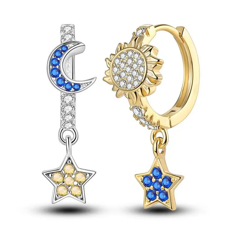 Sterling Silver S925 Round Hoop Moon Star Earrings Earpendant Simple Fine Jewelry Women Girls Fashion Party birthday Gift