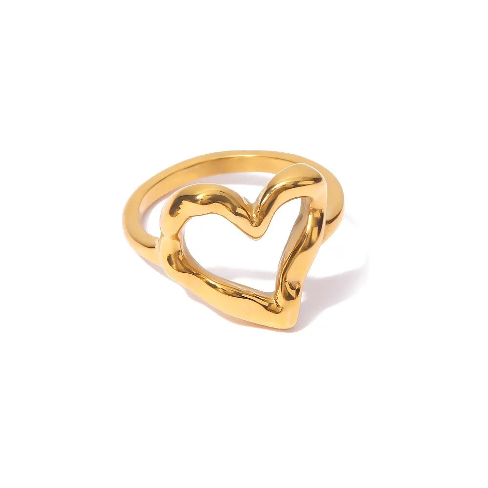 Stainless Steel Creative Waterproof 18k Gold Plated Heart Rings For Women Trendy Hammer Pattern Hollow Jewelry