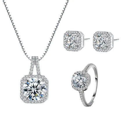 3pcs Set Necklaces Earrings Stud Ring CZ Stone Jewelry Set Silver Color Classic Women Evening Party Wedding Bridal Jewelry Set