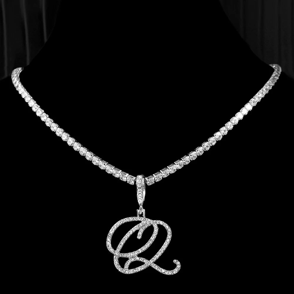 New Cursive Letters Cubic Zirconia Chain Intial Name Necklace Hip Hop Jewelry Gold Silver Color CZ 26 Alphabet Pendant Necklaces