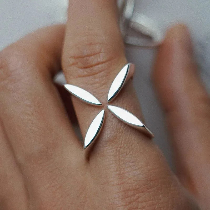 925 Sterling Silver Unique Ring For Women Jewelry Finger Adjustable Vintage Cross Flower Ring For Party Birthday Gift