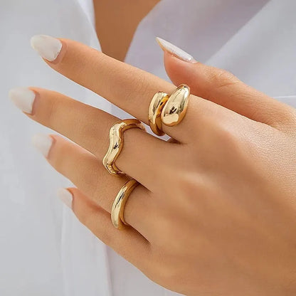 3Pcs Trendy Creative Geometric Wave Shaped Ring Set for Women Design Irregular Adjustable Open Ring Finger Jewelry Accessories