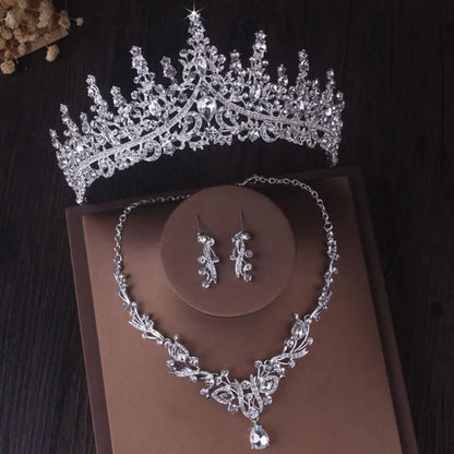 Luxury Silver Color Crystal Water Drop Bridal Jewelry Sets Rhinestone Tiaras Crown Necklace Earrings Wedding Dubai Jewelry Set