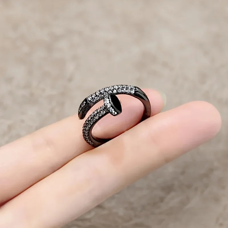 RAKOL 14K Real Gold Plating AAA Zircon Simple Snake Shaped Nail Open Ring Elegant Women Daily Workday Ring Party Jewelry