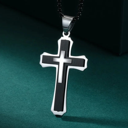 Creative Men Double-layer Stainless Steel Cross Necklace Hip Hop Necklace for Men Stainless Steel Jewelry Halloween Party Gift