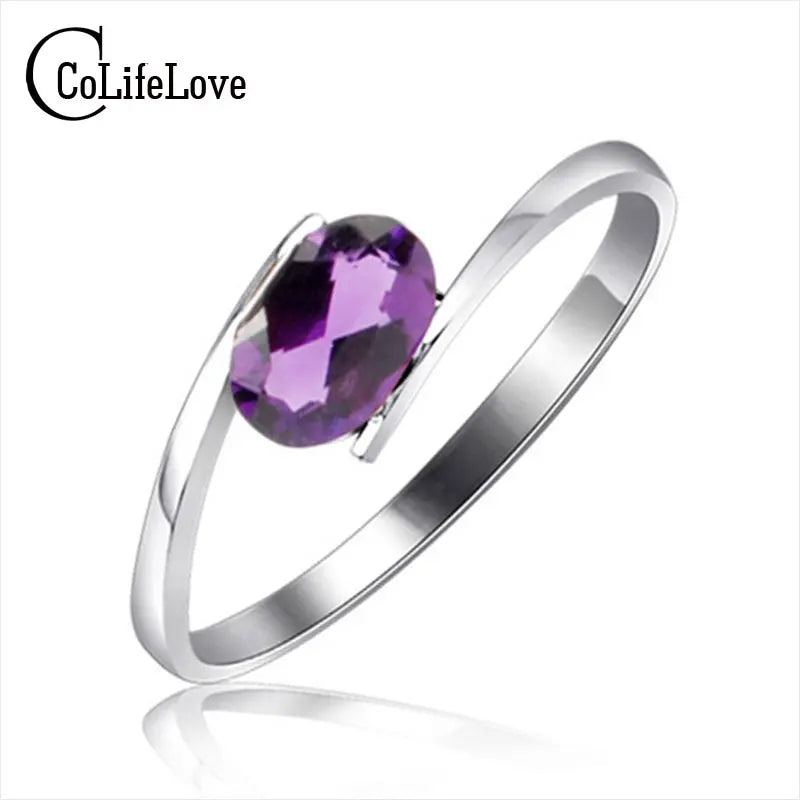 100% Natural Amethyst Ring 0.4ct 4mm*6mm Amethyst 925 Silver Jewelry Simple Silver Gemstone Ring February Birthstone