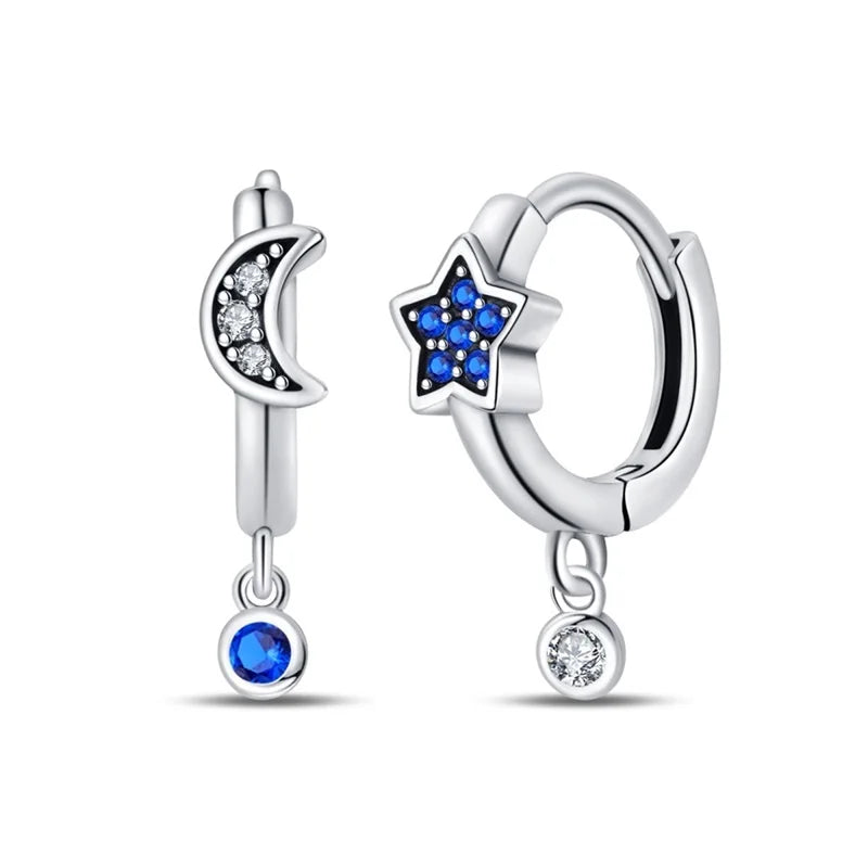 Sterling Silver S925 Round Hoop Moon Star Earrings Earpendant Simple Fine Jewelry Women Girls Fashion Party birthday Gift