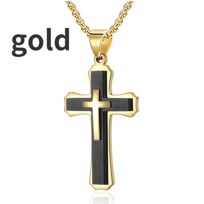 Creative Men Double-layer Stainless Steel Cross Necklace Hip Hop Necklace for Men Stainless Steel Jewelry Halloween Party Gift