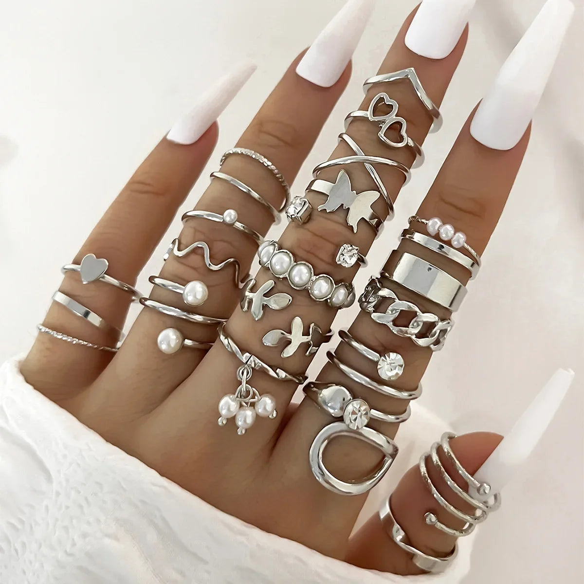 Fashion Simple Wave Joint Rings Set For Women Crystal Heart Shape Gold Silver Color Ring Female Party Jewelry