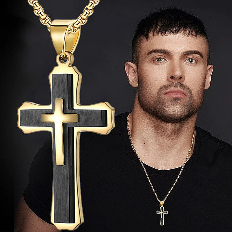 Creative Men Double-layer Stainless Steel Cross Necklace Hip Hop Necklace for Men Stainless Steel Jewelry Halloween Party Gift